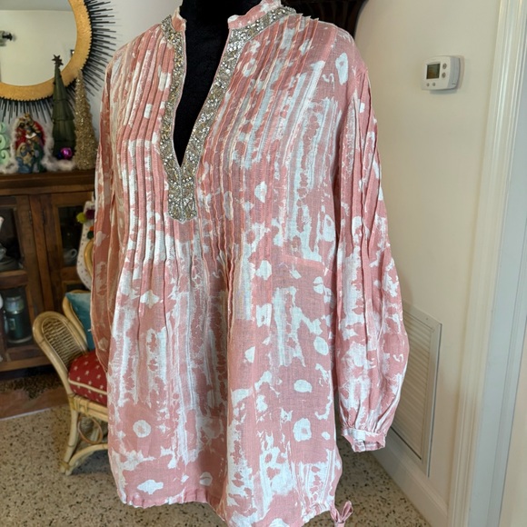 120% LINO Pink & White Designer Linen Long Sleeve Embellished Blouse! Loose fit. - Picture 3 of 16